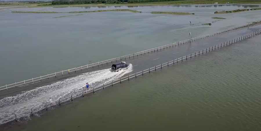 The Strood is a flooded road to Mersea Island in UK